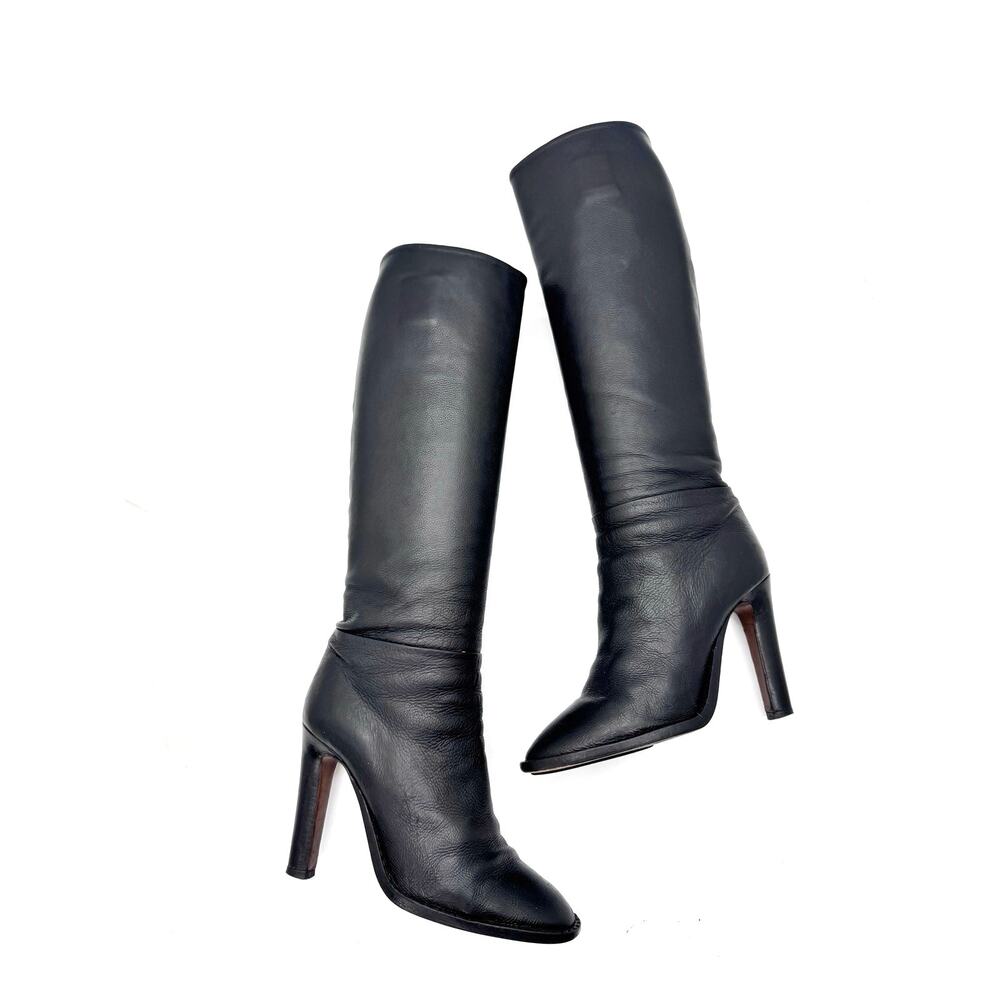 Gabriela Hearst Black Leather Knee High Stiletto Boots Pointed Toe 37.5